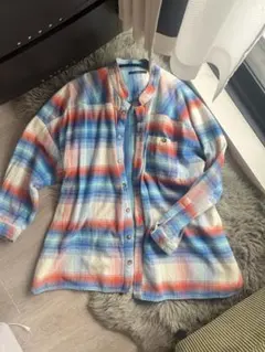 Kastane ネオンチェック起毛アレンジシャツ青 赤 チェック コットン