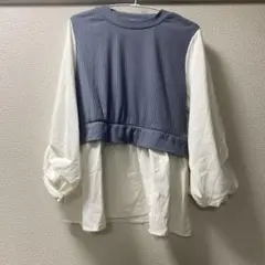 レイヤード風 長袖ブラウス ブルー×ホワイト