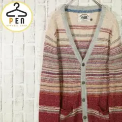 【おしゃれコーデ】ランダムボーダー 総柄 ニットカーディガン 薄手 ベージュ