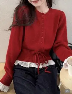 赤ニット カーディガン セーター フリルリボン