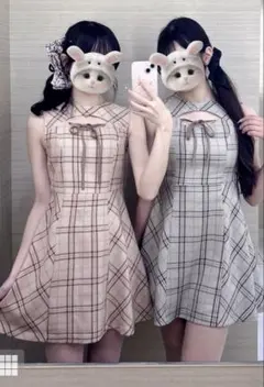 チェック柄フロントオープンノースリーブミニワンピース ベージュ