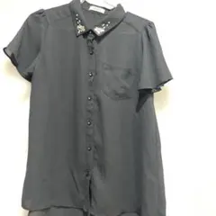 ビジュー付き ブラック 半袖シャツ M