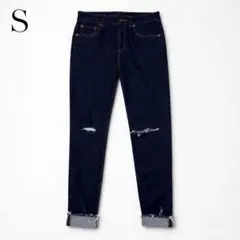 ジーナシス【S】ストレッチスキニーデニム ダメージ加工 ロールアップ クラッシュ