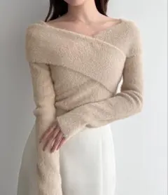 mipiarl オフショル風シャギークロスニットトップス