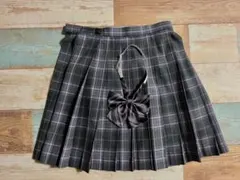 チェック柄プリーツスカート リボン付き グレー パープル W63