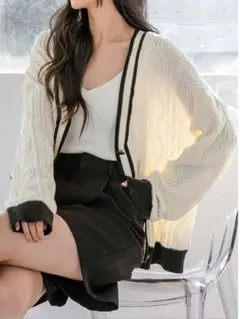 韓国風リブ編みニットカーディガン ホワイト/ブラック