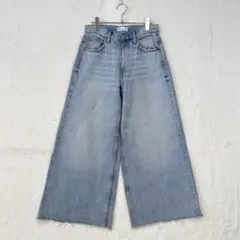 ザラ【EUR34】青系 デニムワイドパンツ カットオフ ダメージ オールシーズンのサムネイル