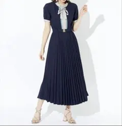 REDYAZEL 半袖ボウタイバイカラープリーツワンピース