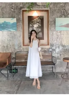 レディースフレンチホルターネックドレス✨春夏ふんわりロングAラインで魅力満載