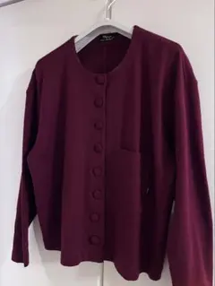 バーガンディ ボタン付き 長袖カーディガン
