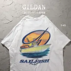 GILDAN 白Tシャツ 企業ロゴ　ボート　カジキ　夕日