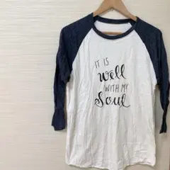 七分丈TシャツプリントT ホワイトネイビー