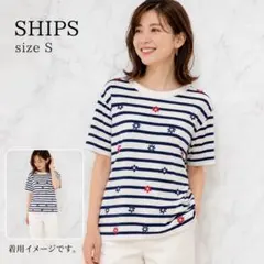 SHIPS シップス 花柄刺繍 ボーダー Tシャツ 大人カジュアル Sのサムネイル