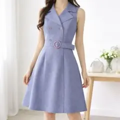 サリア【M】ワンピース トレンチ風 ダブルボタン ノースリーブ ウエストベルト