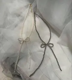 【美品】リボンチョーカー　ネックレス　グレー