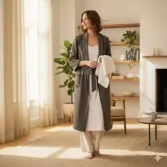 リネン（麻）混ノーカラー七分袖ロングジャケット 黒パイピング 38/M