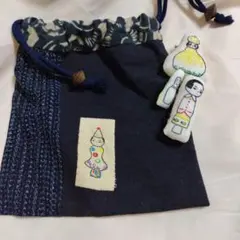刺繍デザイン巾着袋とブローチセット　ハンドメイド