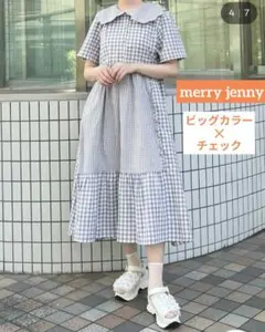 【美品】メリージェニー ギンガムスカラップカラーワンピース　フレア　襟付