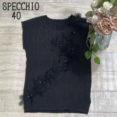 【SPECCHIOスペッチオ】フラワーモチーフ刺繍　シャトルプリーツトップス　黒のサムネイル