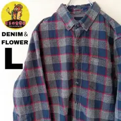 USA古着 DENIM＆FLOWER　ネルシャツL　ネイビーグレー　チェック
