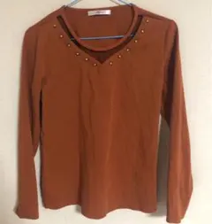 トップス　カットソー　ブラウス　シースルー　ビジュー　オレンジ　橙　長袖Ｔシャツ