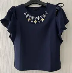 袖フリル　ビジュー付　半袖カットソー　肩紐　ネイビー　美品のサムネイル