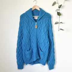 ケーブルニットセーター　カーディガン　ブルー　厚手　トップス　羽織り