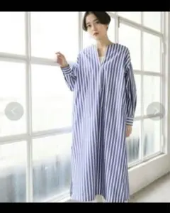 ローリーズファーム　スキッパー　ロングワンピース　キーネック　ストライプ