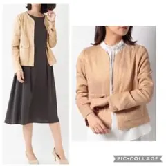 レリアン　未使用　春夏ノーカラージャケット　麻混オレンジベージュ系