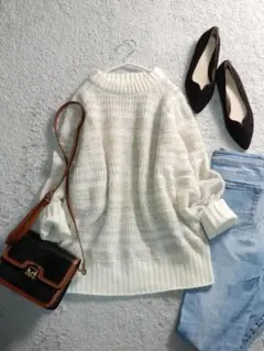 バルバル ボーダー ゆったり袖 透かし編み ニットプルオーバー セーター