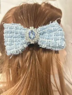ツイード リボン ヘアクリップ 量産型 地雷 ゴスロリ 水色 ライトブルー