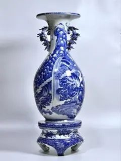 鑑清堂 加藤勇四郎 染付日光華厳滝図瓢蔓形耳付大花瓶 明治期瀬戸の名工 瀬戸焼 鑑清堂 加藤勇四郎 染付日光華厳滝図瓢蔓形耳付大花瓶 明治期瀬戸の