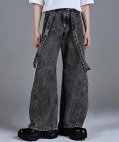 ワイドデニムパンツ サスペンダー付き ブラック系１のサムネイル