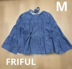 【新品・未使用】FRIFULデニムフリルシャツ後ろリボン身頃フリル袖フリルワイド