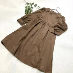 長袖シャツワンピース　ブラウン　S相当　ロング丈　無地　リボン