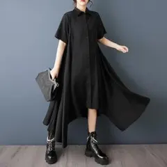 【新品】大きいサイズ春夏半袖アシメ　ワンピース　黒　ゆったり　he3