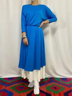 古着 アンティーク ビンテージ 70s USA 単色 ブルー 長袖 ワンピース