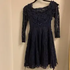 総レースフレアワンピースドレス　ネイビーS