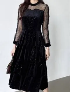 美品シースルードレスワンピースCOCOMOMOティアードベロアブラックＭココモモ