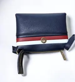 極美品 TOMMY HILFIGER ネイビーレザーショルダーバッグ ゴールド