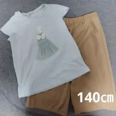 水色ドレス刺繍Tシャツとベージュパンツセット 140