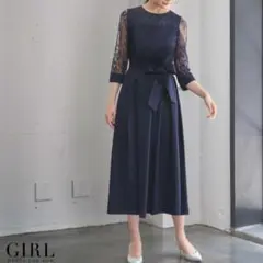 GIRL レーススリーブミモレ丈フィット&フレア 結婚式ワンピースドレス