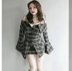 andmary チェックオフショルダーセットアップ andmary Chloe check setup セットアップ チェック - メルカリ