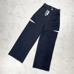 新品 EATME em刺繍カットアウトデニムパンツ 黒 サイズS*FD382