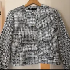 ZARA ノーカラージャケット S 白・黒　グレー