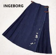 インゲボルグ デニムスカート プリーツ　花刺繍　インディゴ　ロング丈