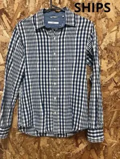 SHIPS ネイビーとホワイトのチェック柄 長袖シャツ S