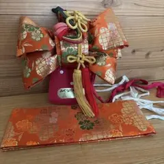 レトロ　　七五三 結び帯 作り帯 オレンジ系 金糸 小