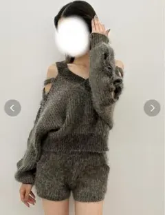 【セットアップ】レースアップシャギーニットトップス&ショートパンツ