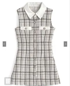 GRL 配色襟ツイードチェック柄ノースリーブミニワンピース [tg882] S